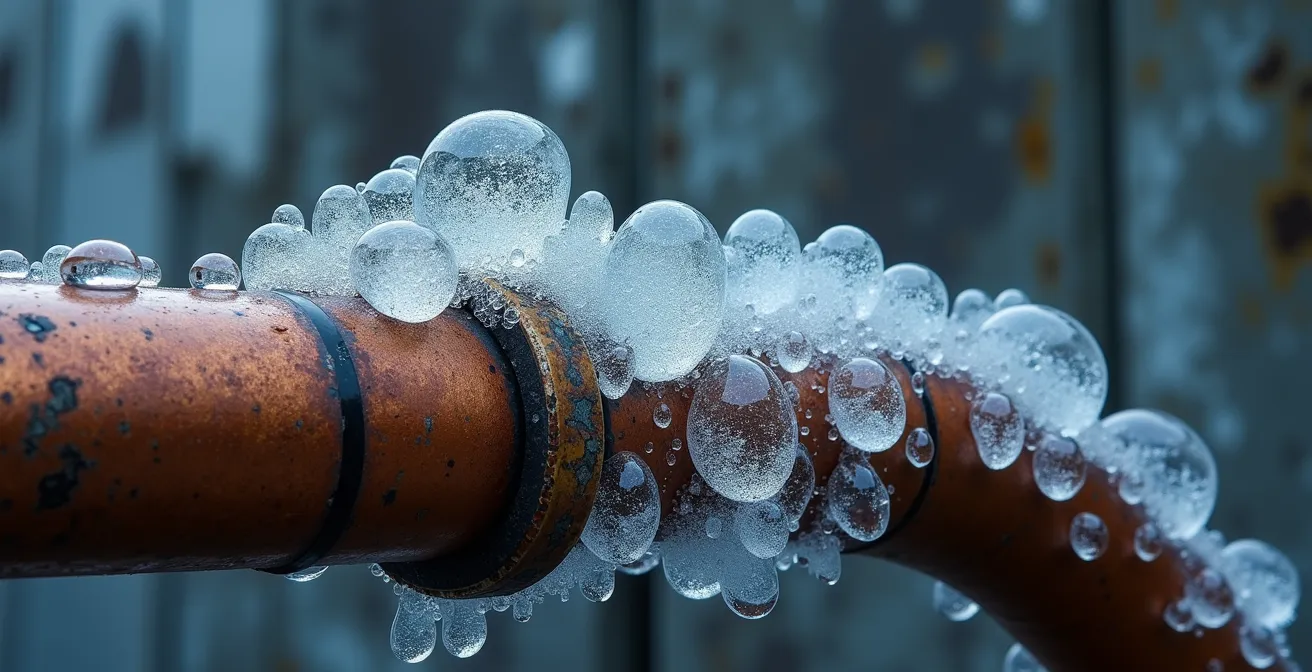 Détails de tuyaux affectés par les cycles de gel et dégel typiques de l'hiver montréalais