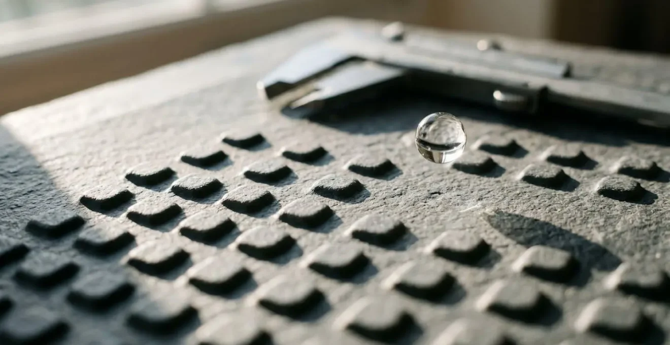Gros plan macro sur une surface de receveur de douche avec texture antidérapante en relief, goutte d'eau en suspension et outil de mesure flou en arrière-plan